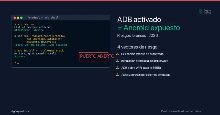 ADB activado convierte tu Android en un terminal abierto a extracción forense, stalkerware y exfiltración. Vectores de riesgo, cómo verificar si está activo y cómo endurecer el dispositivo.