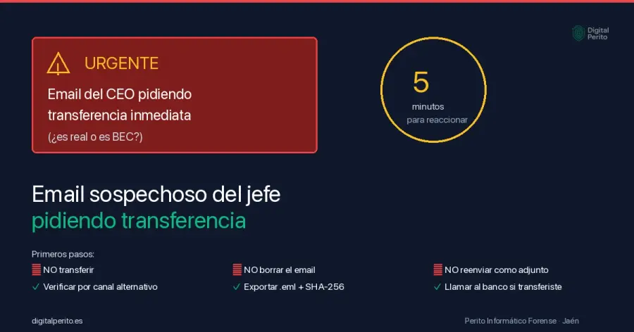 Te ha llegado un email del CEO o de un proveedor pidiendo transferencia urgente o cambio de cuenta. Antes de hacer nada, lee esto: cómo preservar evidencia, primeras 24 h, cuándo llamar al perito y cuándo a la policía.