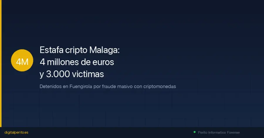 La Policía Nacional detiene a dos personas en Málaga por una estafa masiva con criptomonedas que supera los 4 millones de euros y afecta a más de 3.000 víctimas. Analizamos el caso y el papel clave del perito informático judicial.