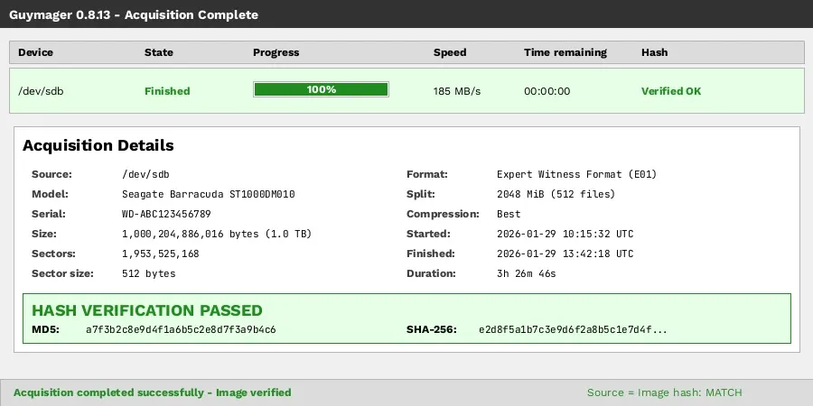 Guymager mostrando adquisición completada con verificación de hash