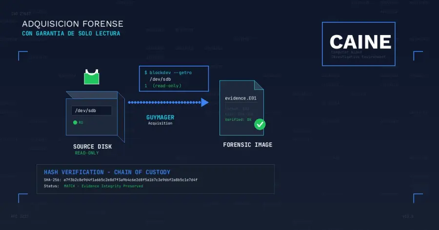 Cómo usar Guymager en CAINE Linux para crear imágenes forenses con garantía de montaje en solo lectura. Tutorial paso a paso para peritos informáticos con documentación de cadena de custodia.