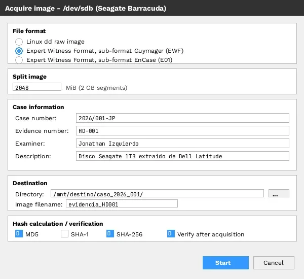 Diálogo de configuración de adquisición en Guymager