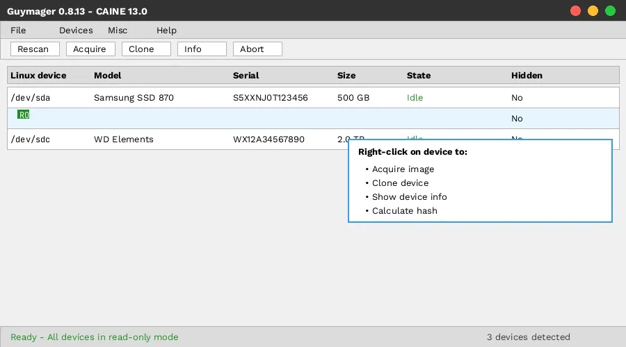Ventana principal de Guymager mostrando dispositivos en modo solo lectura